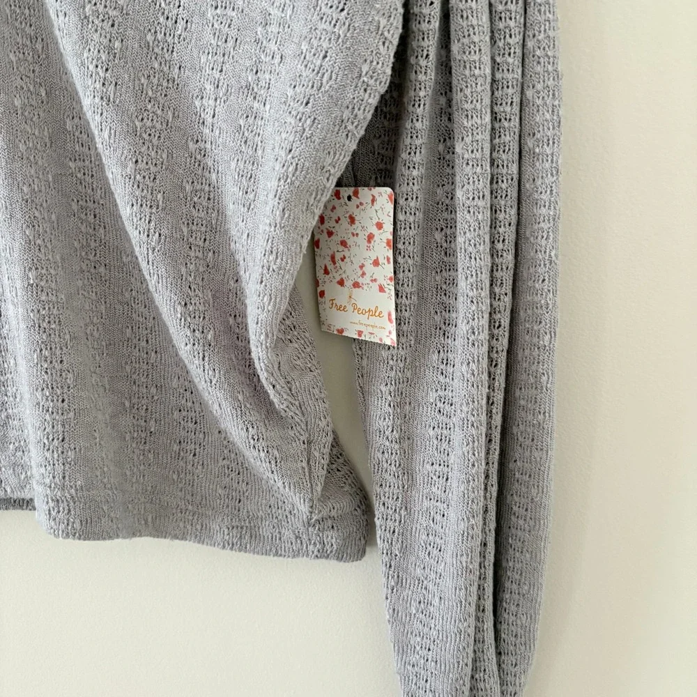 Free People Top Dream Girl Small Storm Grey Boho Pointelle Knit V-Neck Raw Edge